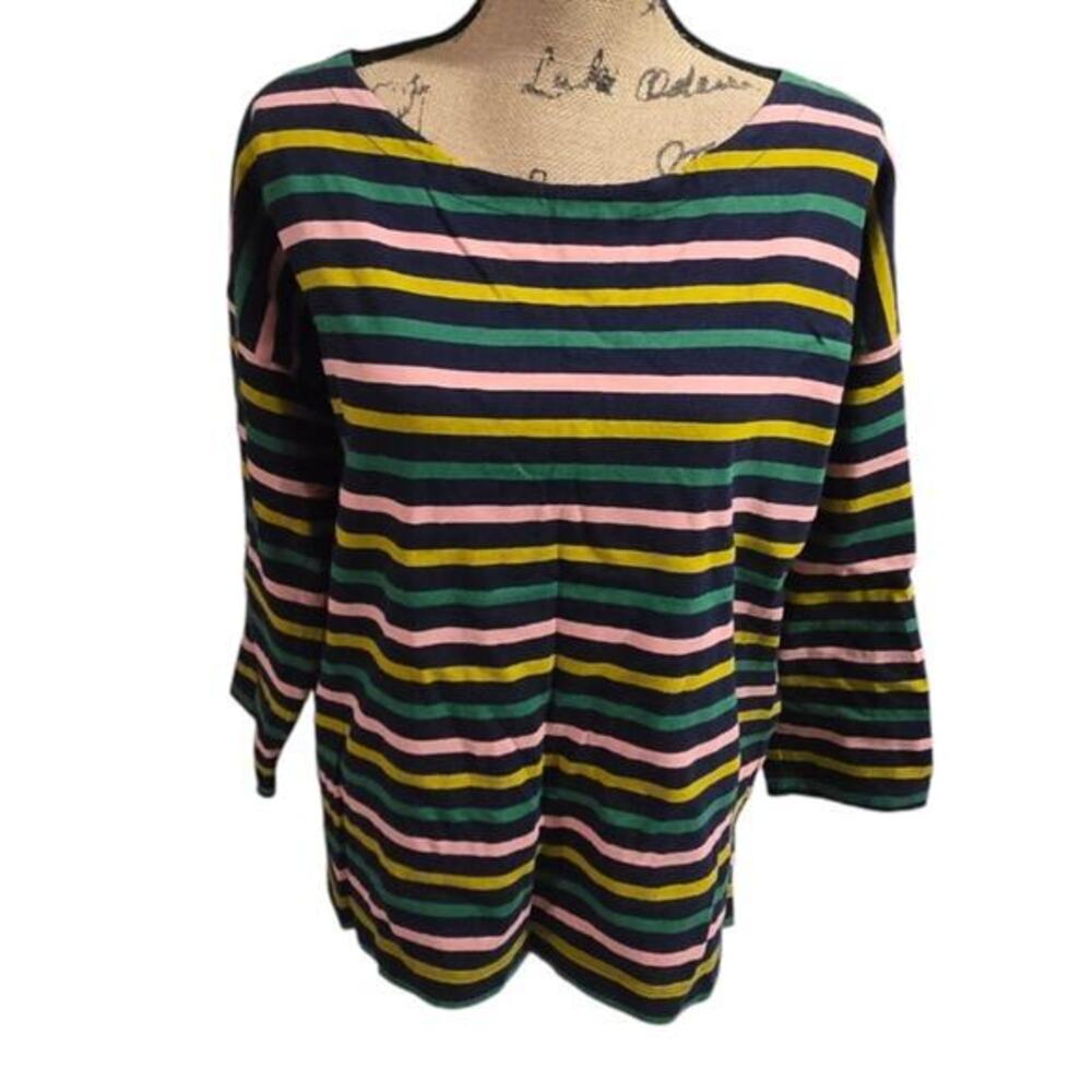J. Crew Womens Navy Pink Green Yellow Striped 3/4 Sleeve Cotton Boatneck Top M